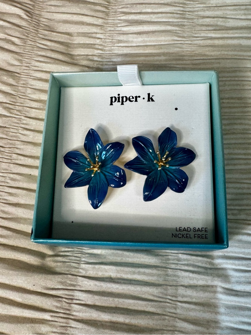 Piper K Blue Floral Stud Earrings with Gold Centers